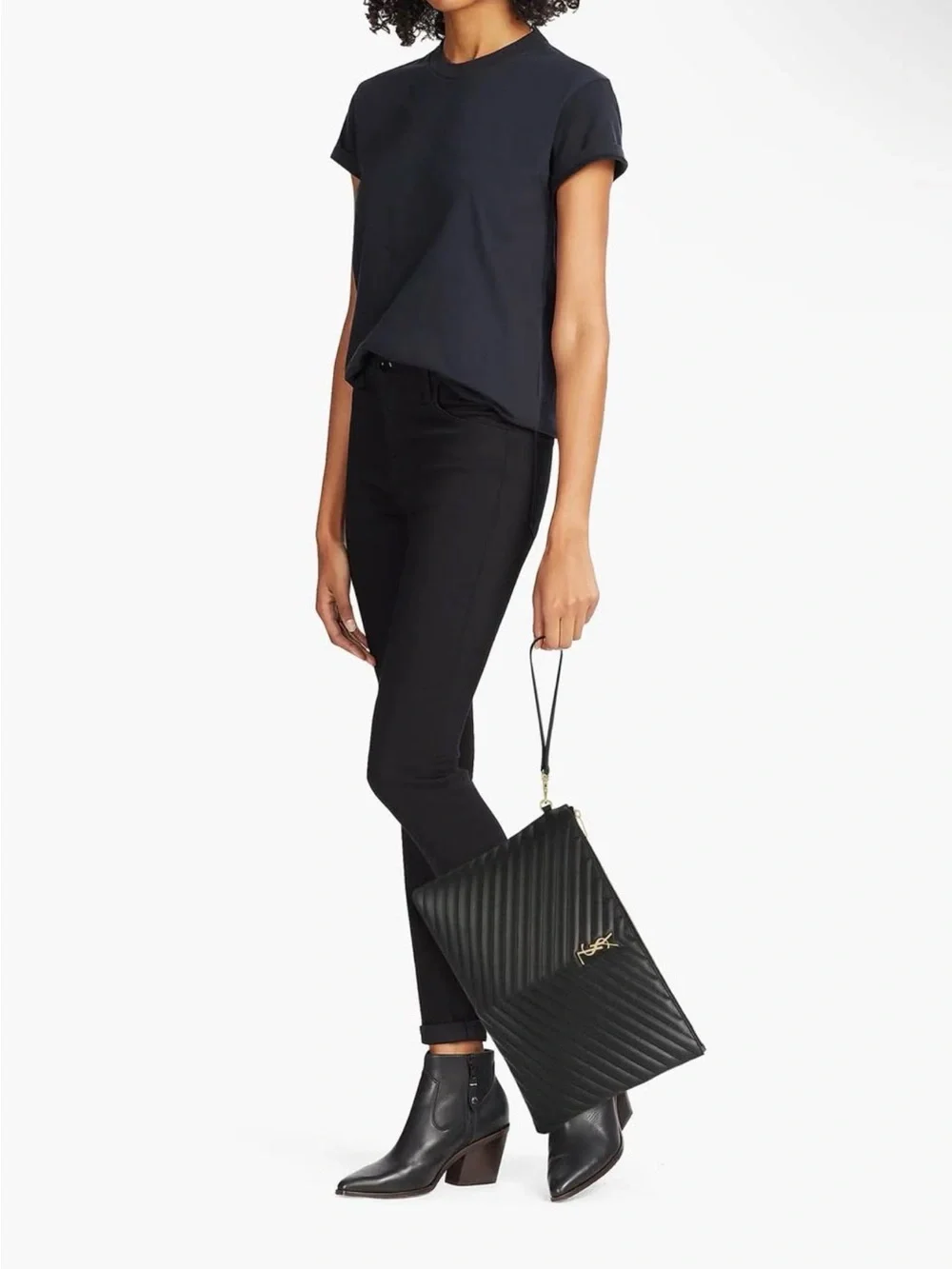 Saint Laurent Black Quilted Chevron Leather Clutch with Gold YSL